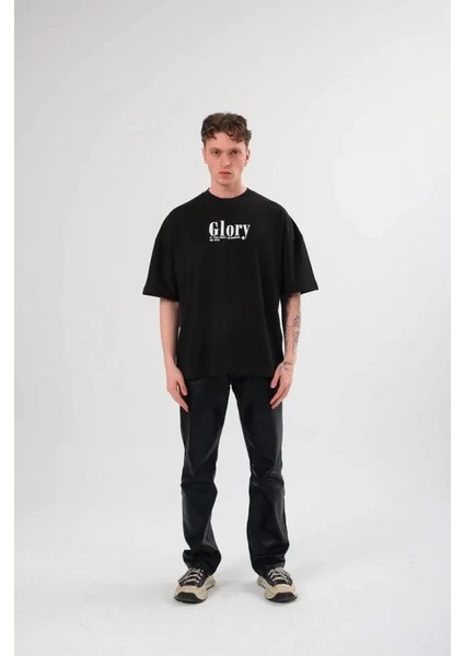 Unisex Bisiklet Yaka Baskılı Oversize T-Shirt - Siyah