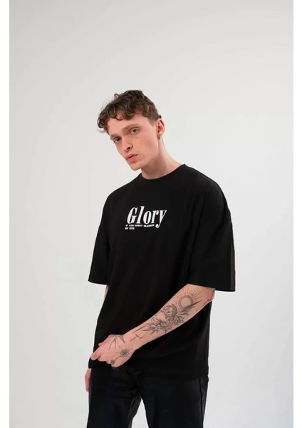 Unisex Bisiklet Yaka Baskılı Oversize T-Shirt - Siyah fiyatları