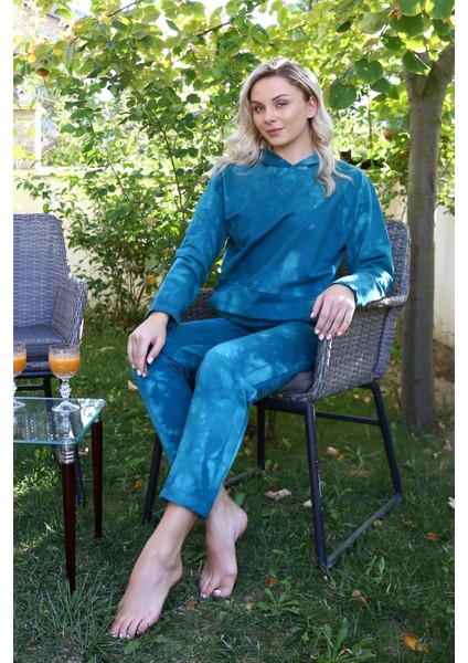 Kadın Pamuk Kapşonlu Cepli 3 Iplik Turkuaz Eşofman Takım