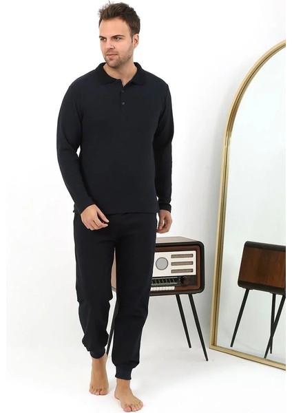 Erkek Polo Yaka Uzun Kol Penye Pijama Takımı Lacivert