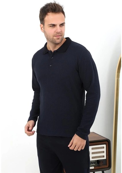 Erkek Polo Yaka Uzun Kol Penye Pijama Takımı Lacivert modelleri
