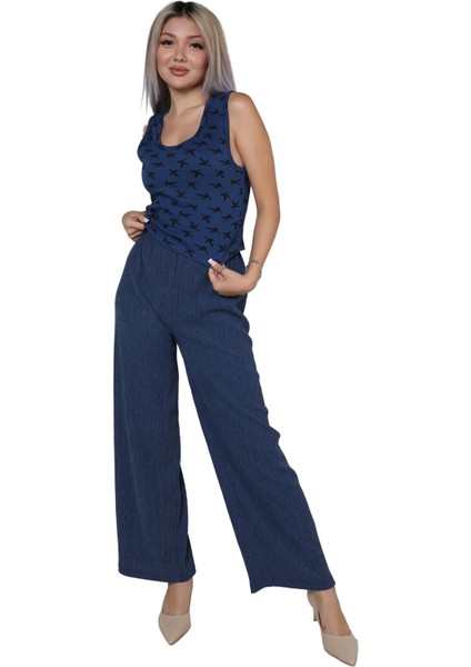 Kadın Kalın Askılı Body Bol Paça Pantolon 2`li Takım Lacivert