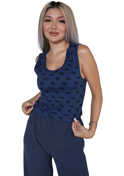 Kadın Kalın Askılı Body Bol Paça Pantolon 2`li Takım Lacivert modelleri