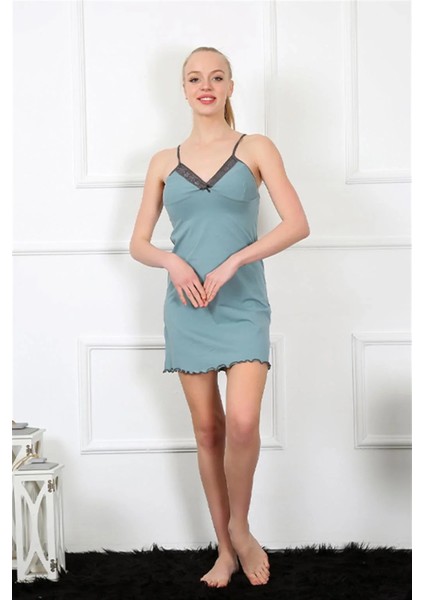 Kadın Ip Askılı Su Yeşili Penye Gecelik