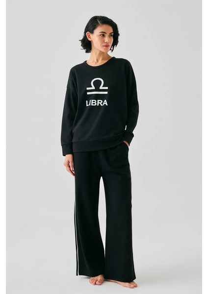 Kadın Siyah Terazi Burcu Oversize 2 Iplik Eşofman Ev Giyim Takımı