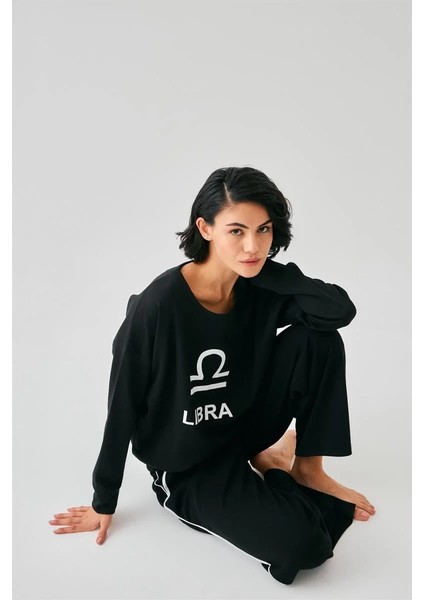 Kadın Siyah Terazi Burcu Oversize 2 Iplik Eşofman Ev Giyim Takımı fırsatları