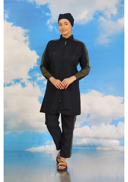 Kadın Pantolonlu Kolu Şeritli Tam Tesettür Mayo Lacivert fiyatları