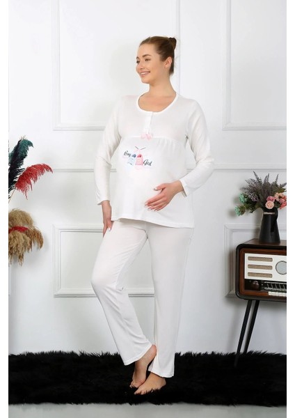 Kadın Uzun Kol Hamile Lohusa Pijama Takımı Ekru modelleri