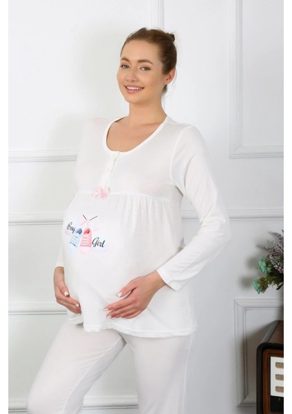 Kadın Uzun Kol Hamile Lohusa Pijama Takımı Ekru fırsatları