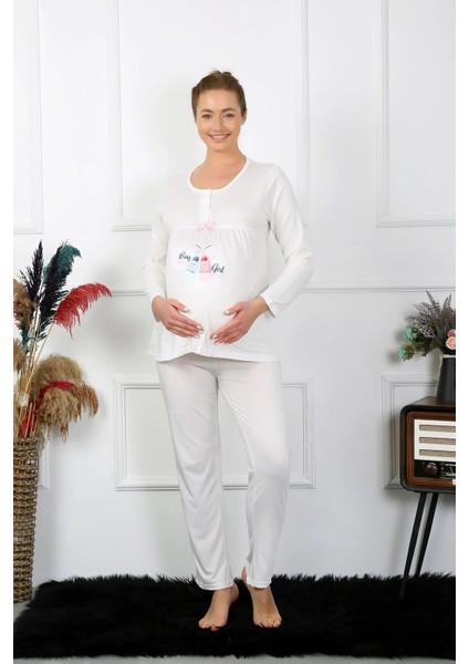 Kadın Uzun Kol Hamile Lohusa Pijama Takımı Ekru indirimleri