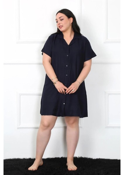 Büyük Beden Dokuma Düğmeli Lacivert Tunik Gecelik