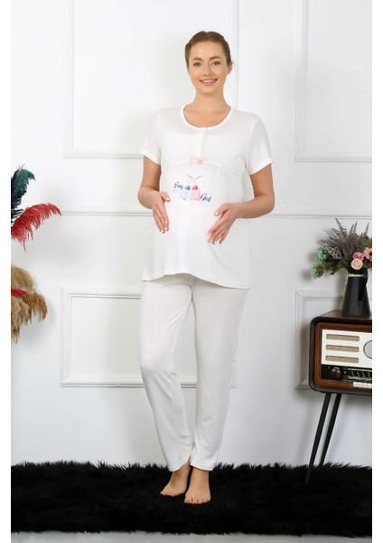 Kadın Kısa Kol Hamile Lohusa Pijama Takımı Ekru