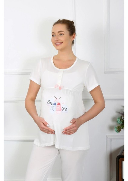 Kadın Kısa Kol Hamile Lohusa Pijama Takımı Ekru fiyatları