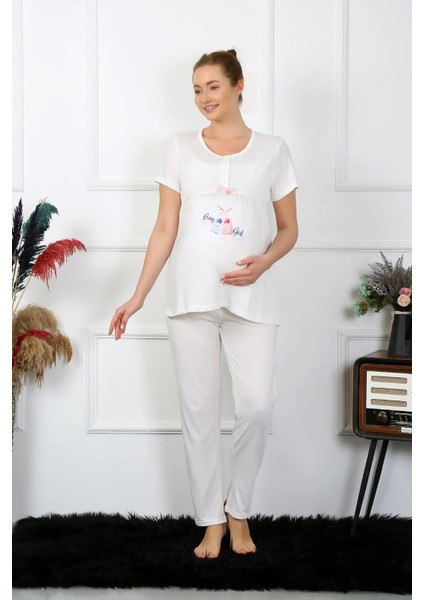 Kadın Kısa Kol Hamile Lohusa Pijama Takımı Ekru modelleri