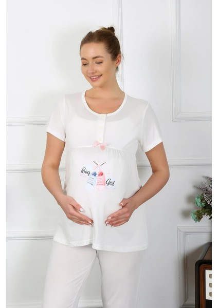 Kadın Kısa Kol Hamile Lohusa Pijama Takımı Ekru fırsatları
