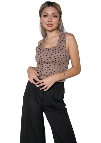 Kadın Kalın Askılı Body Bol Paça Pantolon 2`li Takım Kahve fırsatları