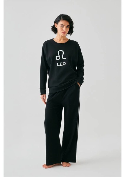 Kadın Siyah Aslan Burcu Oversize 2 Iplik Eşofman Ev Giyim Takımı fırsatları