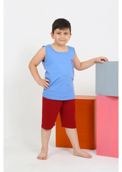 Erkek Çocuk Sıfır Kol Şortlu Mavi Penye Pijama Takımı