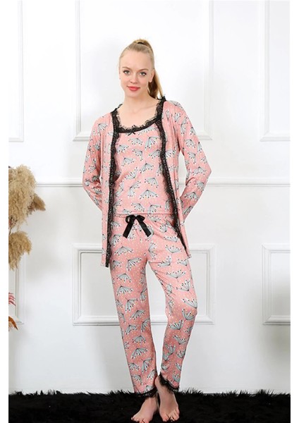 Kadın 3'lü Somon Sabahlık Pijama Takım