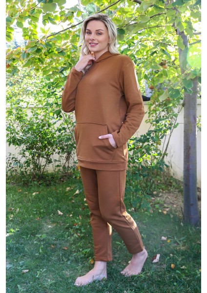 Kadın Pamuk Kapşonlu Cepli 3 Iplik Kahve Eşofman Takım
