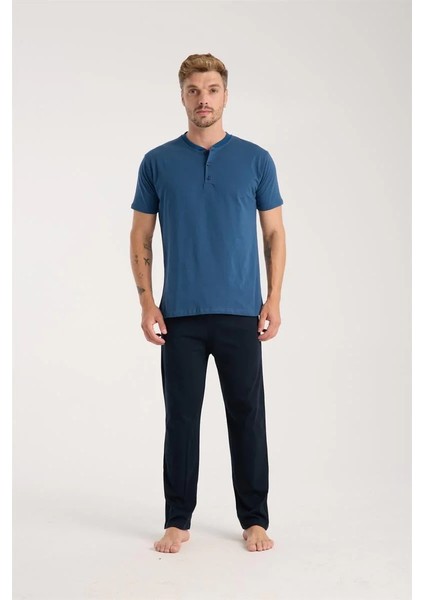 Erkek Indigo Düğmeli Yaka Kısa Kol Pijama Takımı