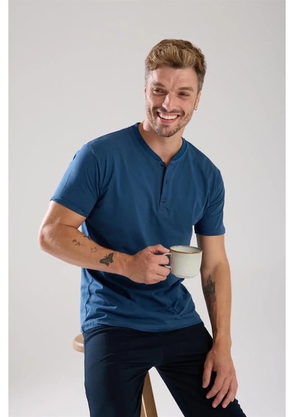 Erkek Indigo Düğmeli Yaka Kısa Kol Pijama Takımı modelleri