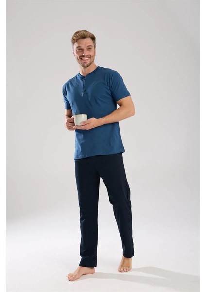 Erkek Indigo Düğmeli Yaka Kısa Kol Pijama Takımı fırsatları