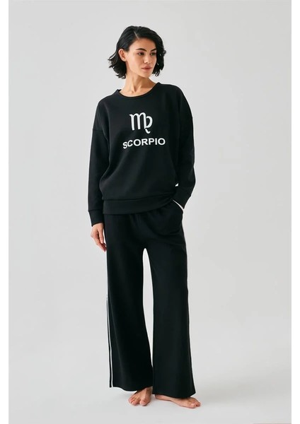 Kadın Siyah Akrep Burcu Oversize 2 Iplik Eşofman Ev Giyim Takımı