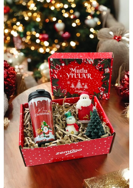 Yılbaşı Temalı Kahve Bardağı ve Termos Seti, Çam Ağacı, Kardan Adam, Noel Baba, Mumler