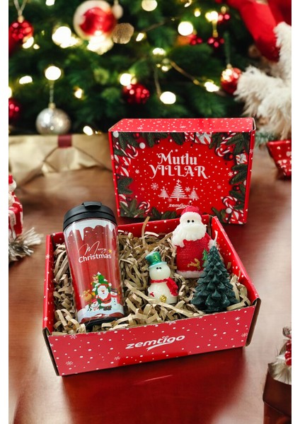 Yılbaşı Temalı Kahve Bardağı ve Termos Seti, Çam Ağacı, Kardan Adam, Noel Baba, Mumler