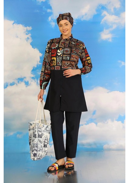 Kadın Pantolonlu Desenli Tam Tesettür Mayo Lacivert indirimleri