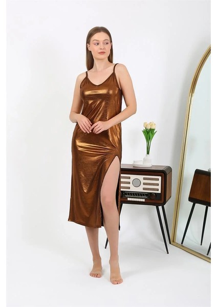 Kadın Ip Askılı Uzun Parlak Micro Elbise Gecelik Kahverengi