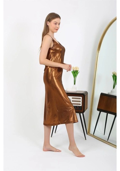 Kadın Ip Askılı Uzun Parlak Micro Elbise Gecelik Kahverengi fırsatları
