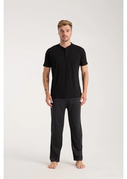 Erkek Füme Düğmeli Yaka Kısa Kol Pijama Takımı