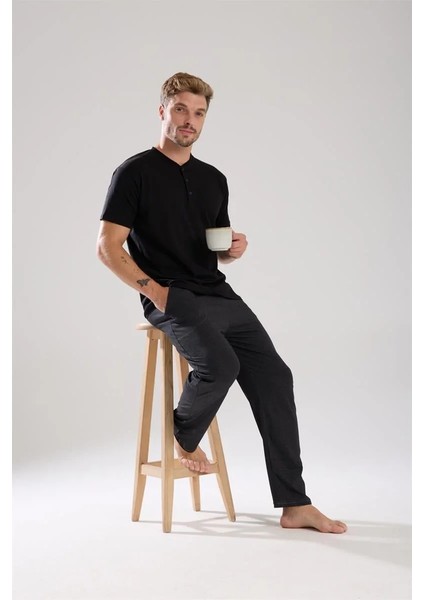 Erkek Füme Düğmeli Yaka Kısa Kol Pijama Takımı indirimleri