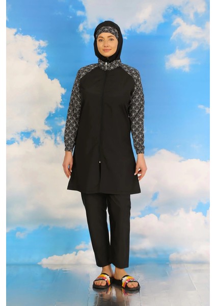 Kadın Pantolonlu Desenli Tam Tesettür Mayo Siyah modelleri