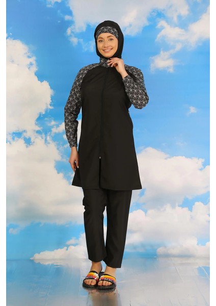 Kadın Pantolonlu Desenli Tam Tesettür Mayo Siyah indirimleri