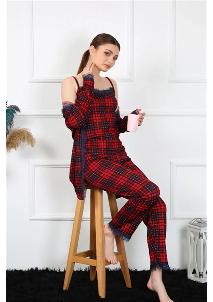 Kadın 3'lü Ekoseli Sabahlık Takım Kırmızı fırsatları