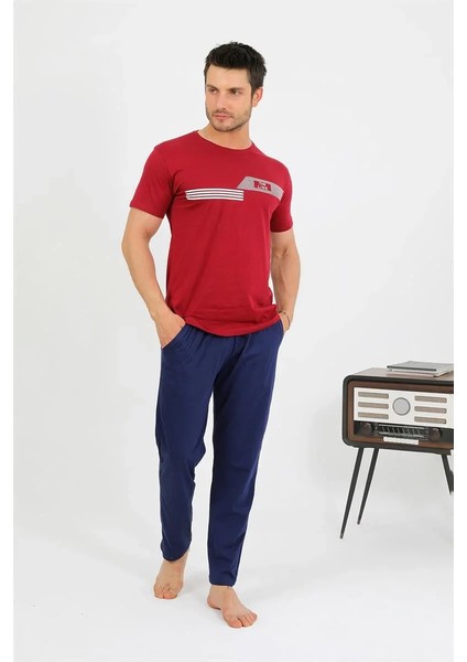 Erkek Pamuk Kısa Kol Pijama Takım Bordo