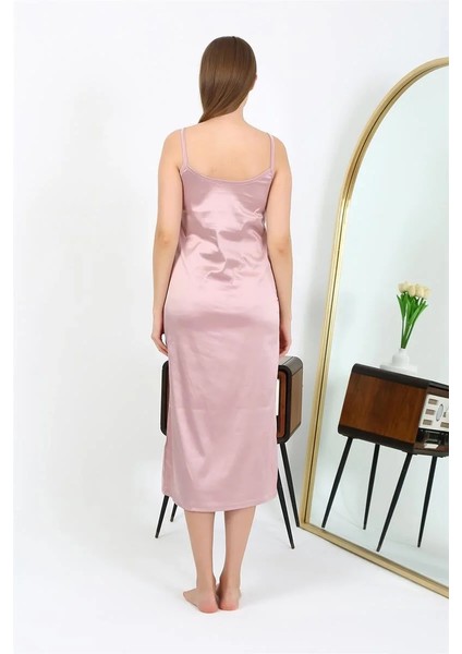 Yırtmaçlı Uzun Saten Gecelik Pudra indirimleri