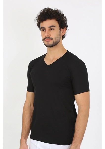 Erkek Likralı V Yaka Siyah T-Shirt modelleri