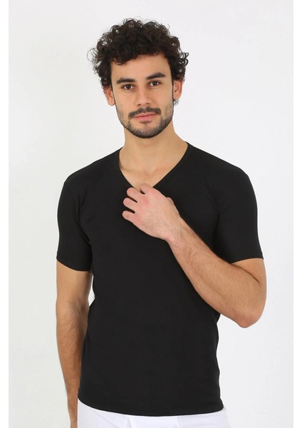 Erkek Likralı V Yaka Siyah T-Shirt fırsatları