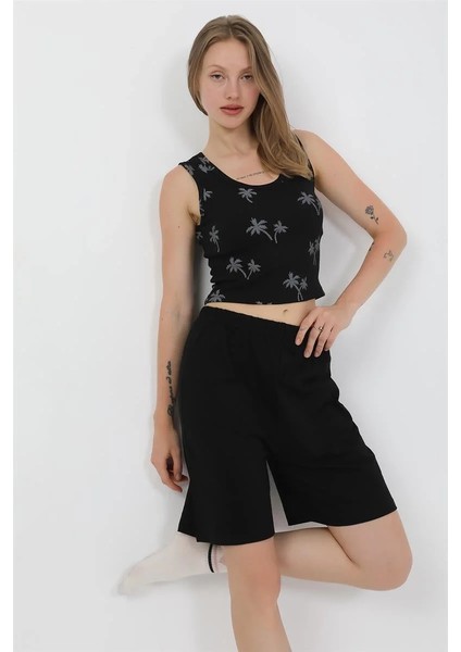 Kadın Kalın Askılı Pamuk Penye Şortlu Crop Takım Siyah fiyatları