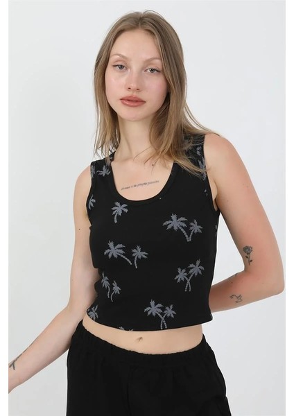 Kadın Kalın Askılı Pamuk Penye Şortlu Crop Takım Siyah modelleri