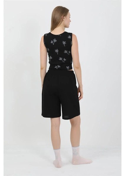 Kadın Kalın Askılı Pamuk Penye Şortlu Crop Takım Siyah fırsatları