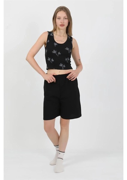 Kadın Kalın Askılı Pamuk Penye Şortlu Crop Takım Siyah indirimleri