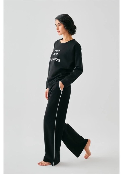 Kadın Siyah Kova Burcu Oversize 2 Iplik Eşofman Ev Giyim Takımı modelleri