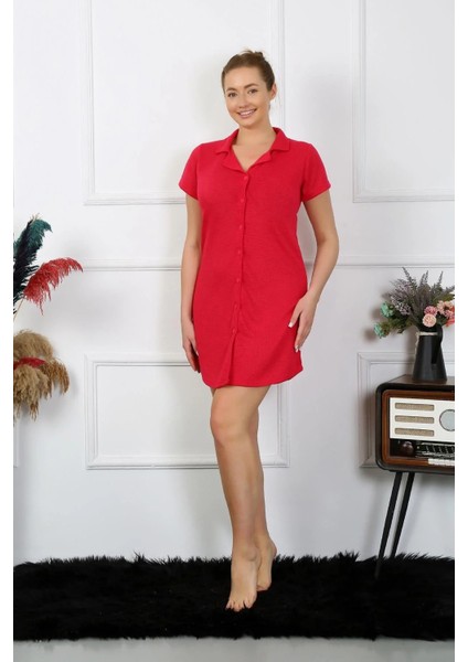 Kadın Pamuk Dokuma Kısa Kol Düğmeli Kırmızı Tunik Gecelik