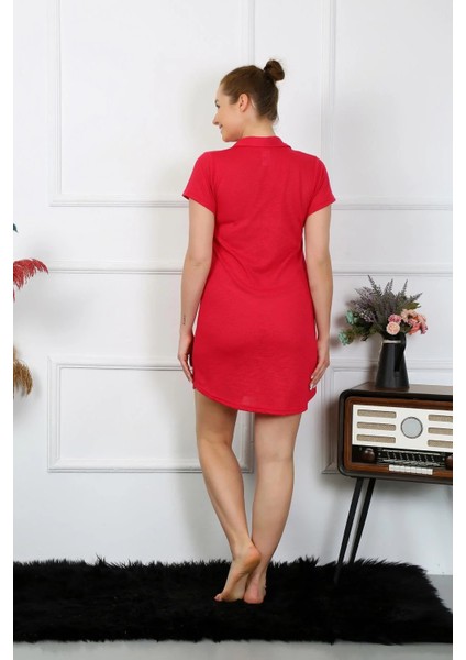 Kadın Pamuk Dokuma Kısa Kol Düğmeli Kırmızı Tunik Gecelik fırsatları