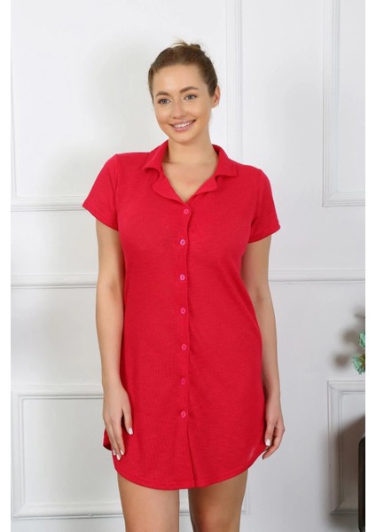 Kadın Pamuk Dokuma Kısa Kol Düğmeli Kırmızı Tunik Gecelik indirimleri